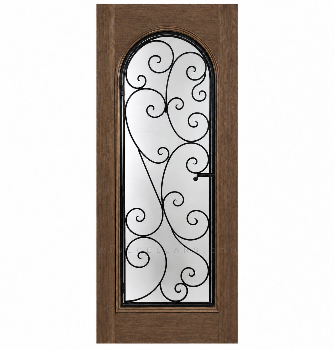 Brown wine cellar door with arched glass panel and wrought iron grille, narrow square frame