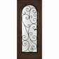 Deep brown wine cellar door with arched glass panel and wrought iron grille, square frame