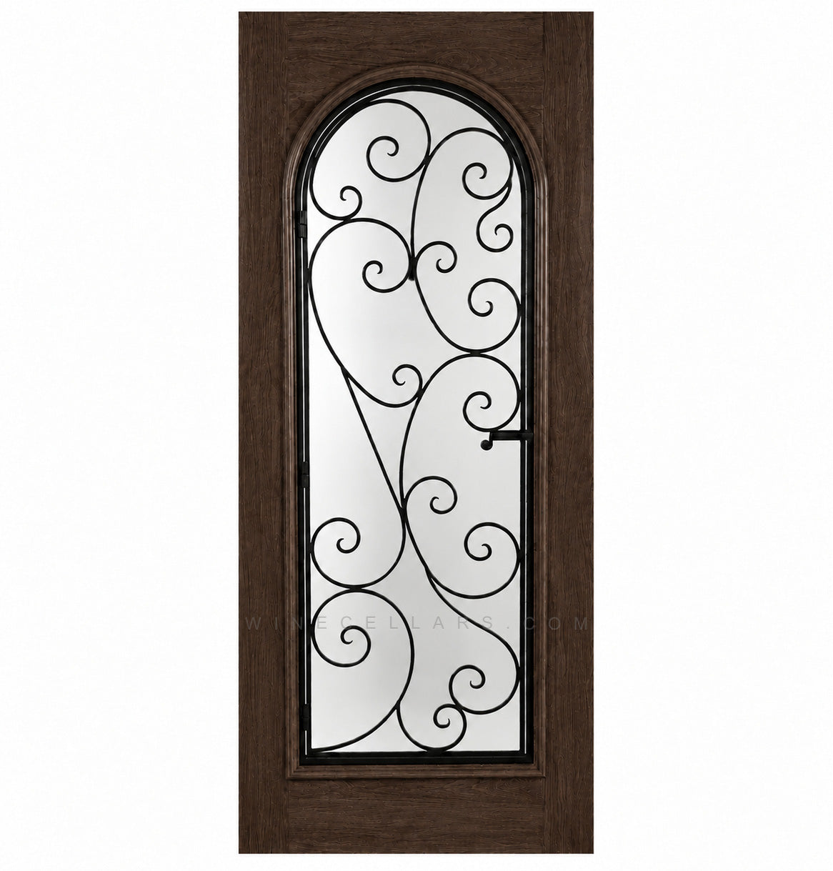 Deep brown wine cellar door with arched glass panel and wrought iron grille, square frame