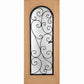 Light tan wine cellar door with arched glass panel and wrought iron grille, square frame