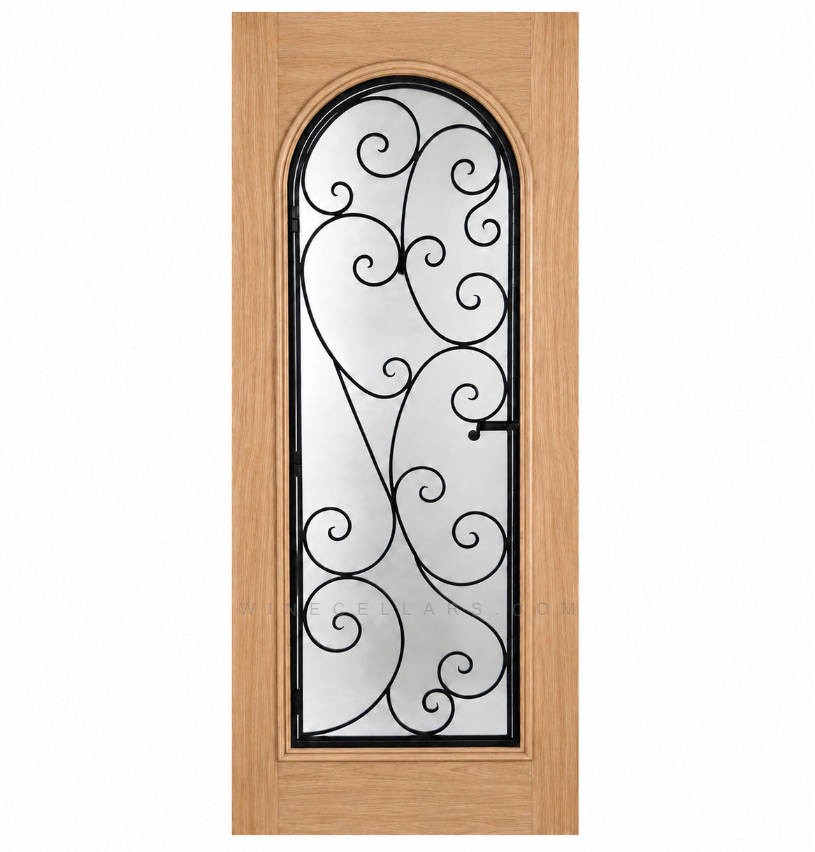 Light tan wine cellar door with arched glass panel and wrought iron grille, square frame