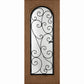 Natural medium-brown wine cellar door with arched glass panel and wrought iron grille