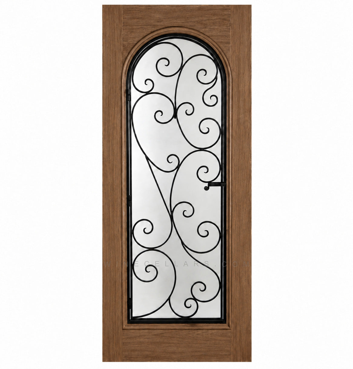 Natural medium-brown wine cellar door with arched glass panel and wrought iron grille