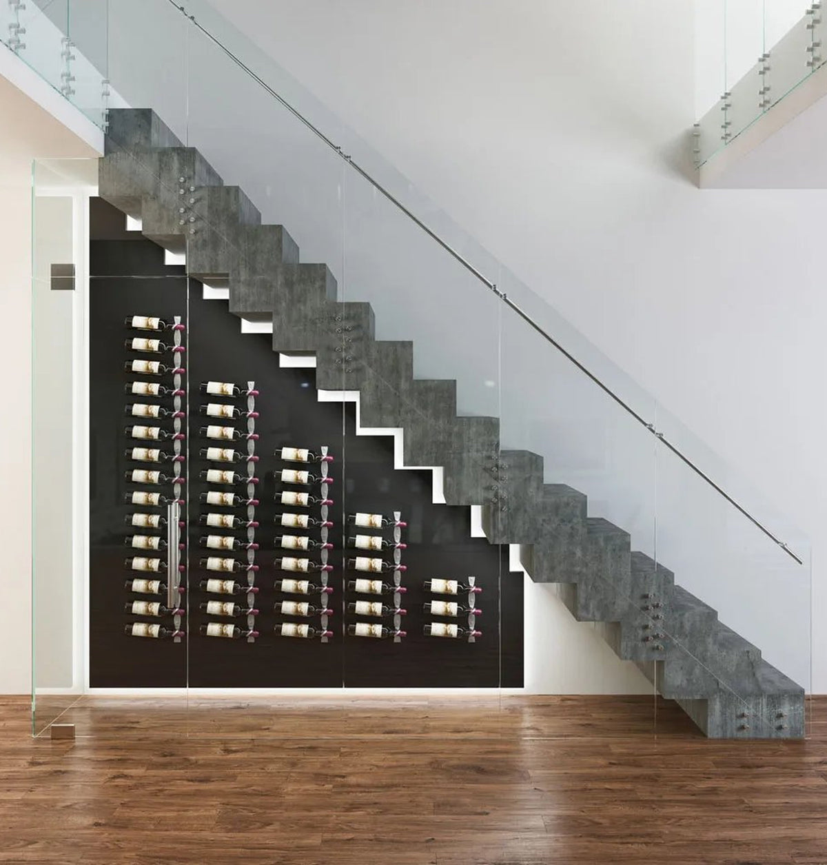 Helix Wine Rack Under the Stairs kit in a glass wine room