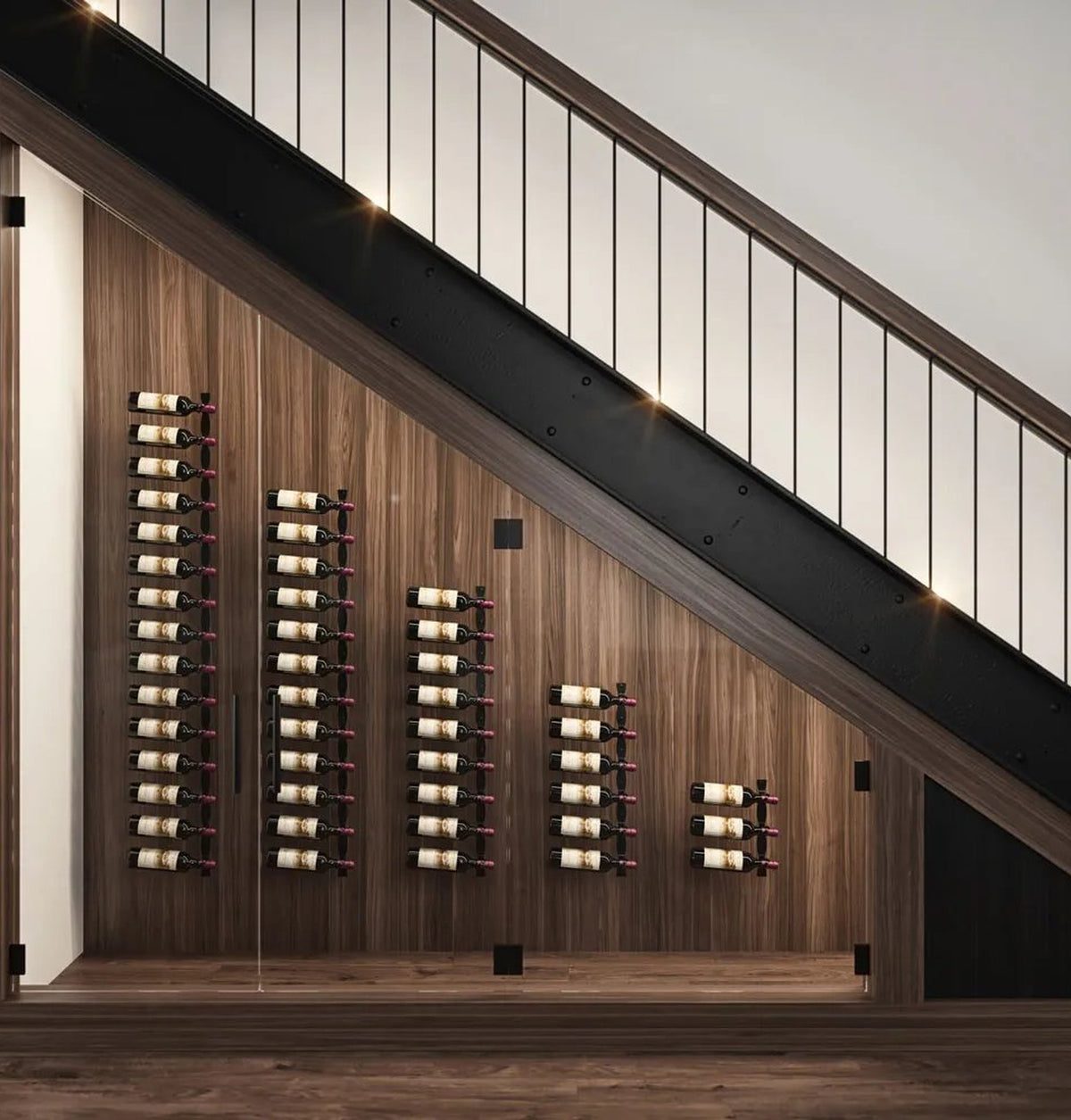 Helix Wine Rack Under the Stairs kit in a glass wine room