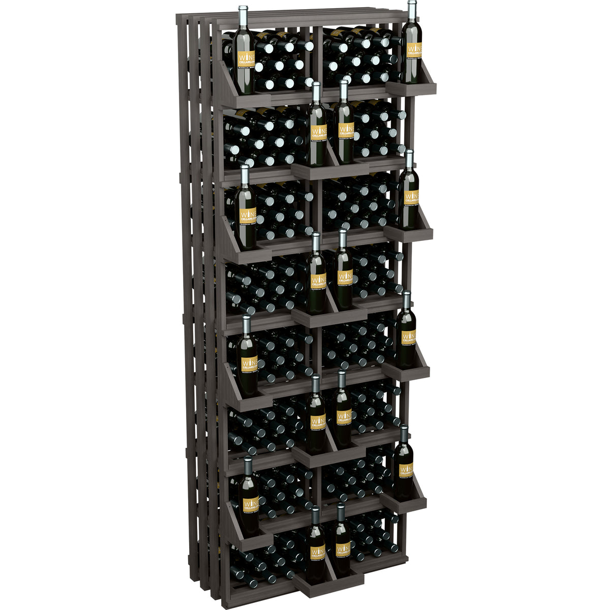 Dark wood wall bottle display with open bulk bins and black bottle holders, many bottles