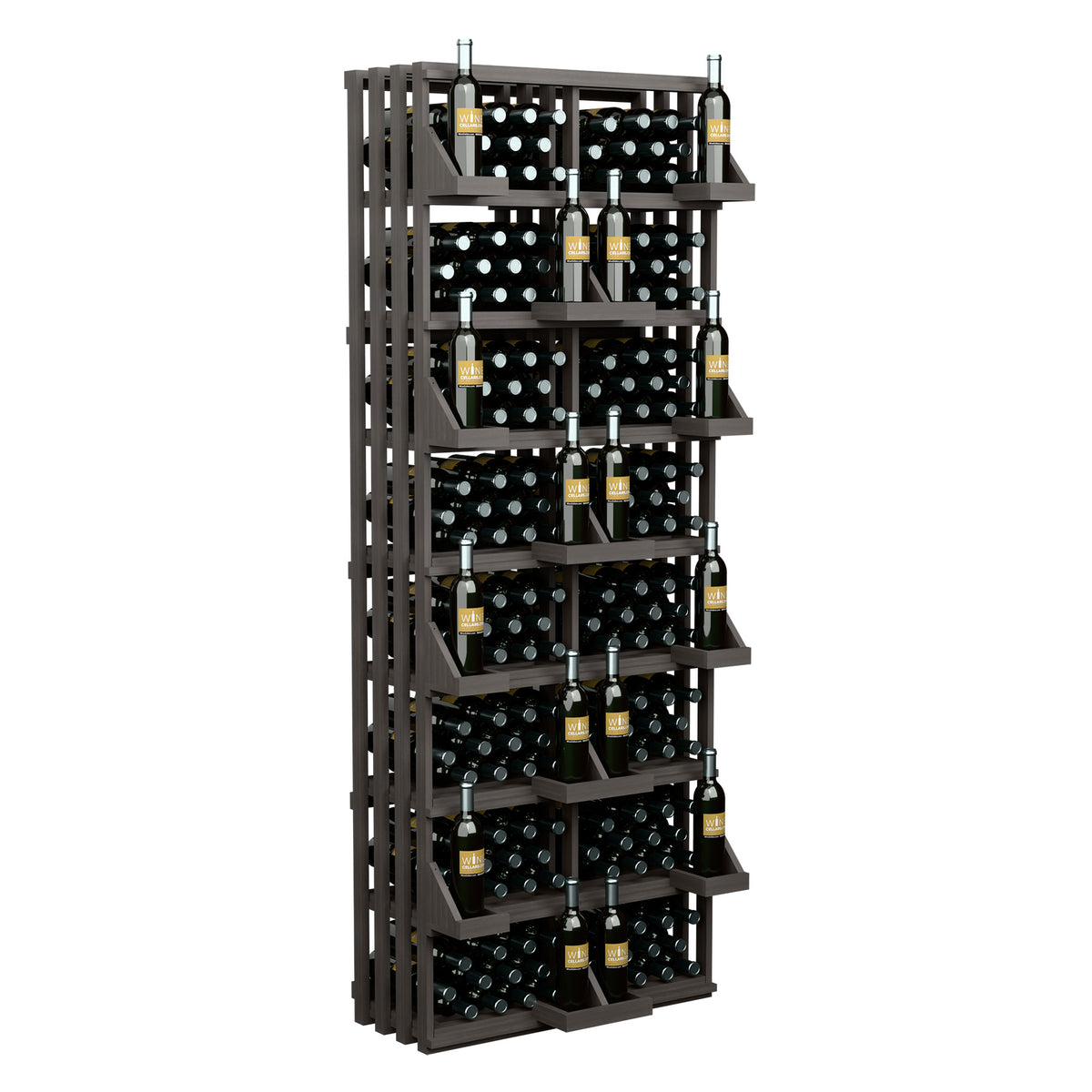 Commercial wall bottle display rack with black grid bins and wine bottles, medium-dark frame