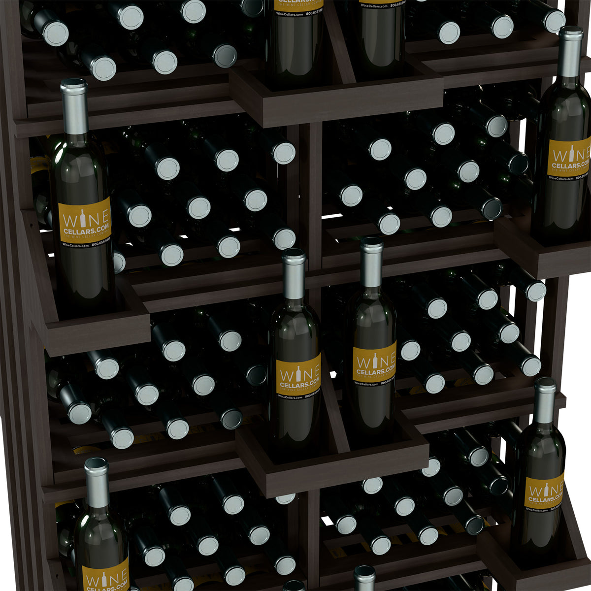 Close-up of wine bottle wall display showing bottle bays and wooden dividers