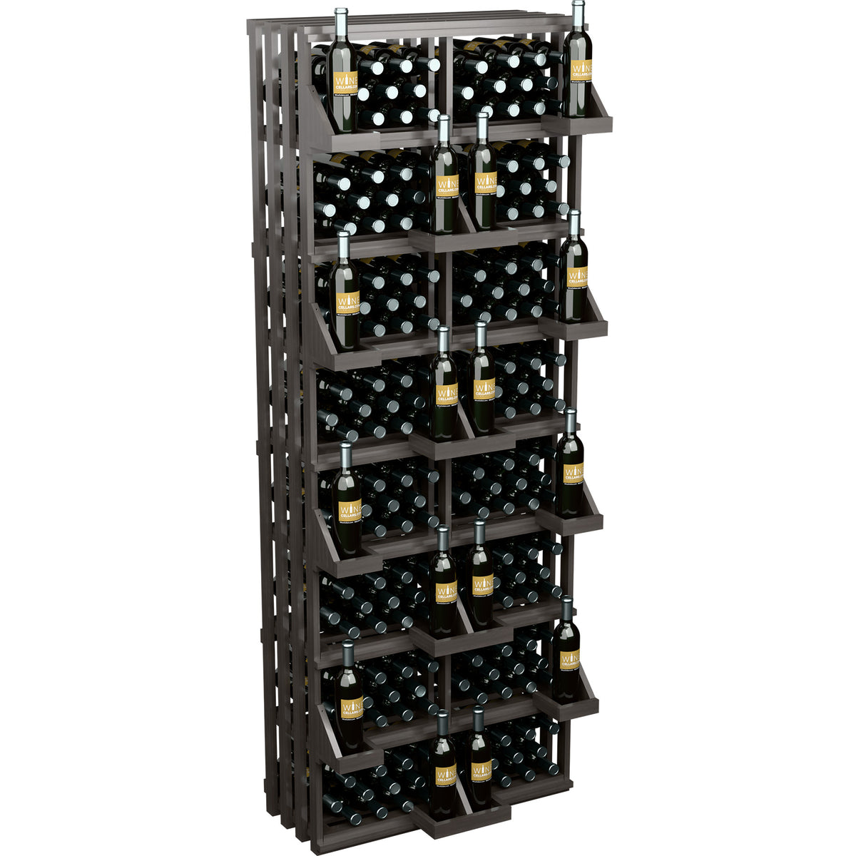 Dark wood wine bottle display rack with tiered shelves and bottle storage bins
