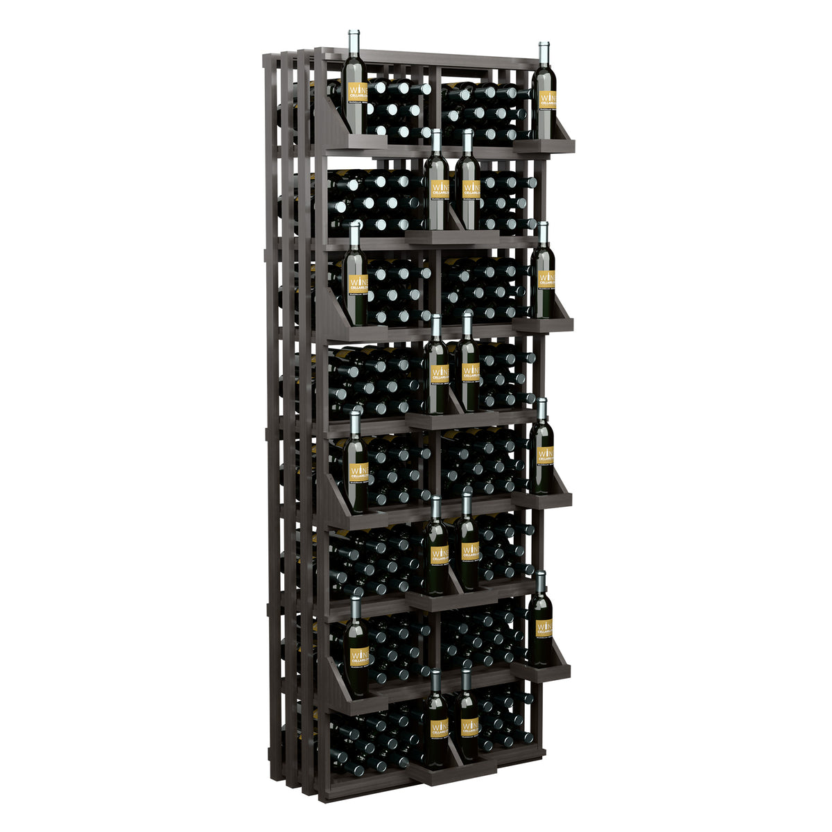 Dark gray wine bottle wall display rack with tiered open shelves for bottles