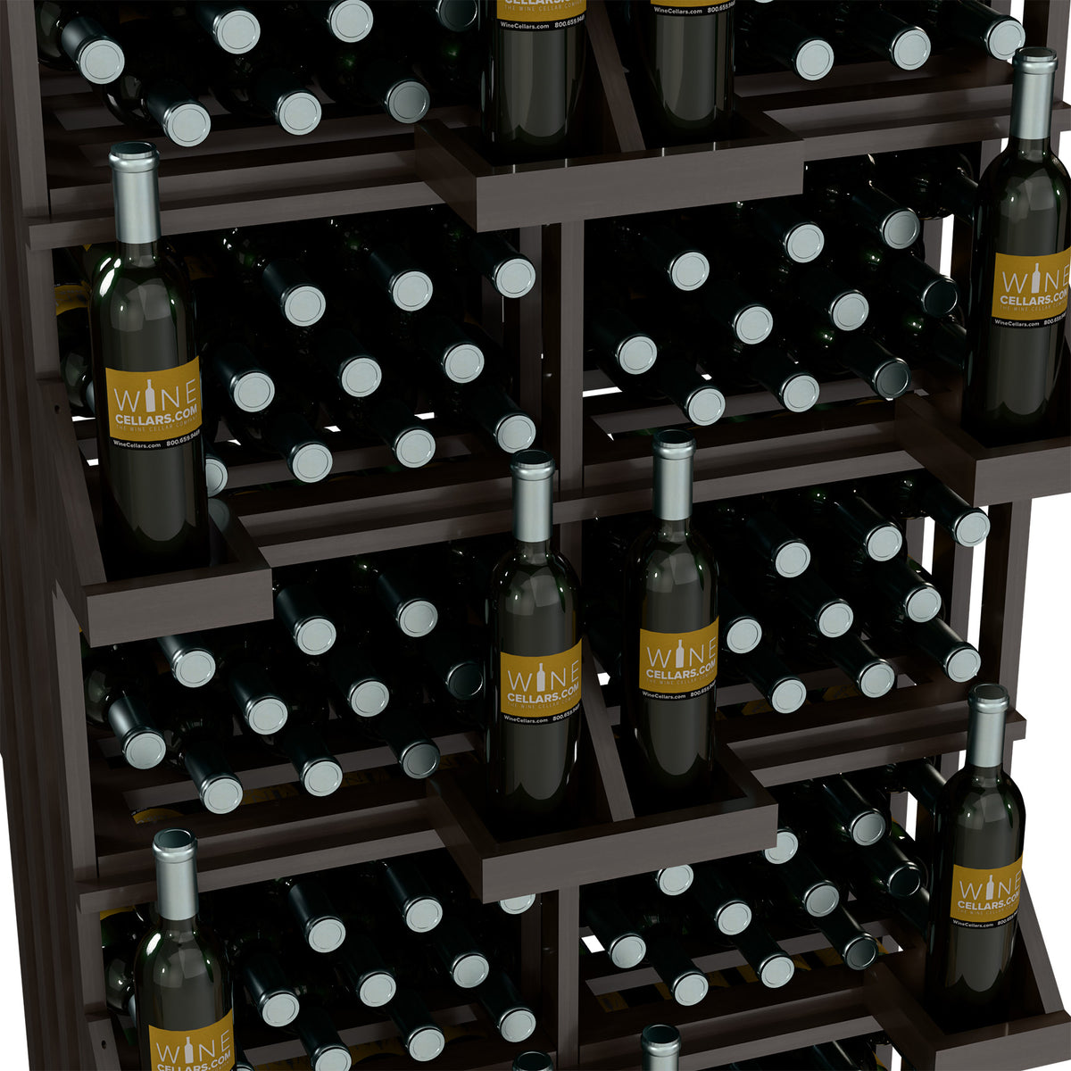 Close-up of dark wood wine bottle display shelves with stacked bottles and caps
