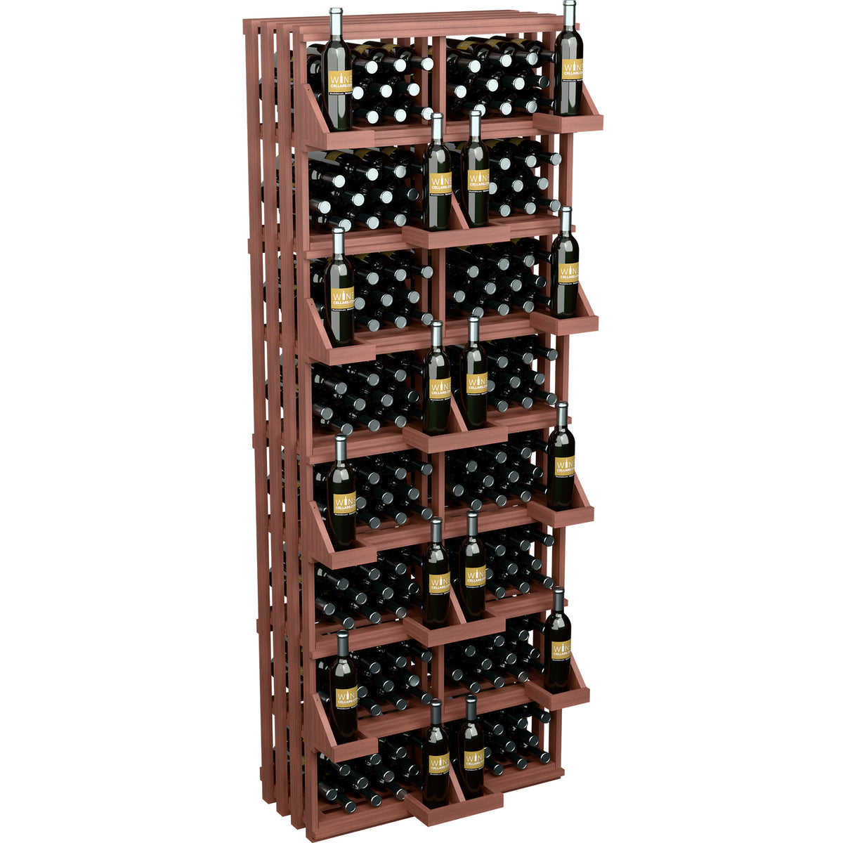 Red-brown wood wine bottle wall display with multi-level shelves and bottle storage