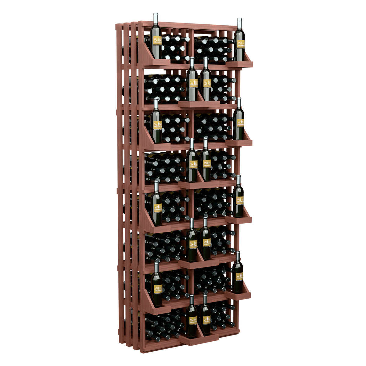 208-bottle commercial wall display with warm brown wood bulk bins and 10-row bottle holders