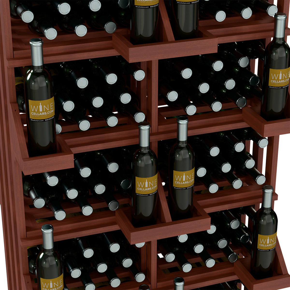 Wine bottle display rack in red-toned wood with bottles in grid slots and bulk bin shelves