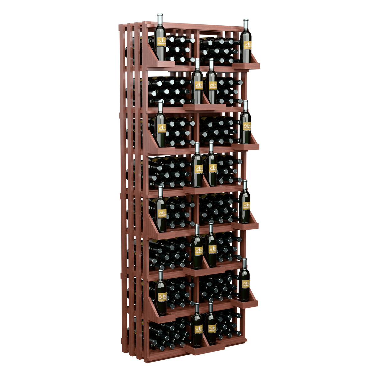 Wooden wine bottle wall display with stacked cubby shelves for bottles and bulk bins