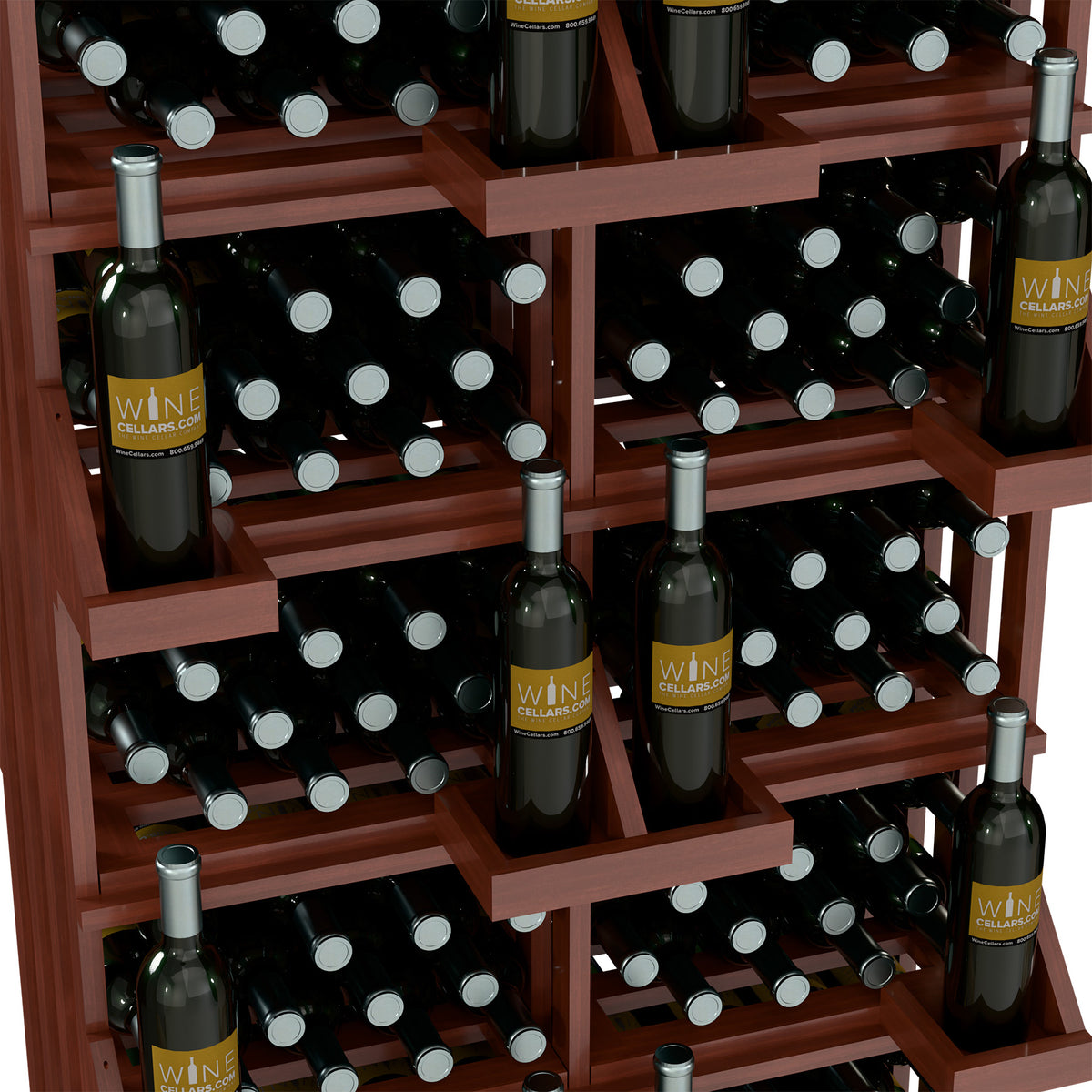 Close-up of wine bottle wall display cubbies with bottles in square wooden shelves