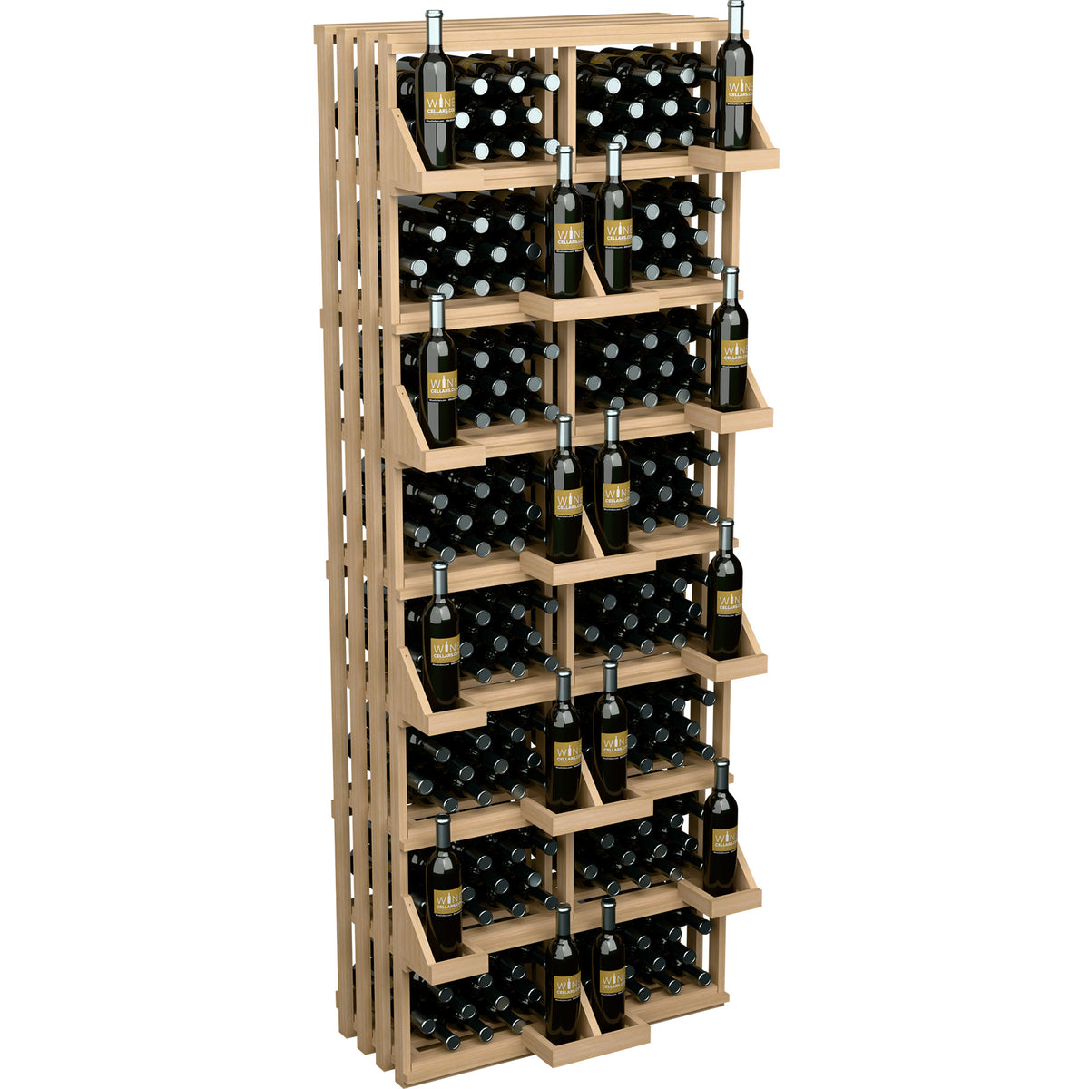Natural wood wine bottle wall display with vertical slats and tiered bottle racks