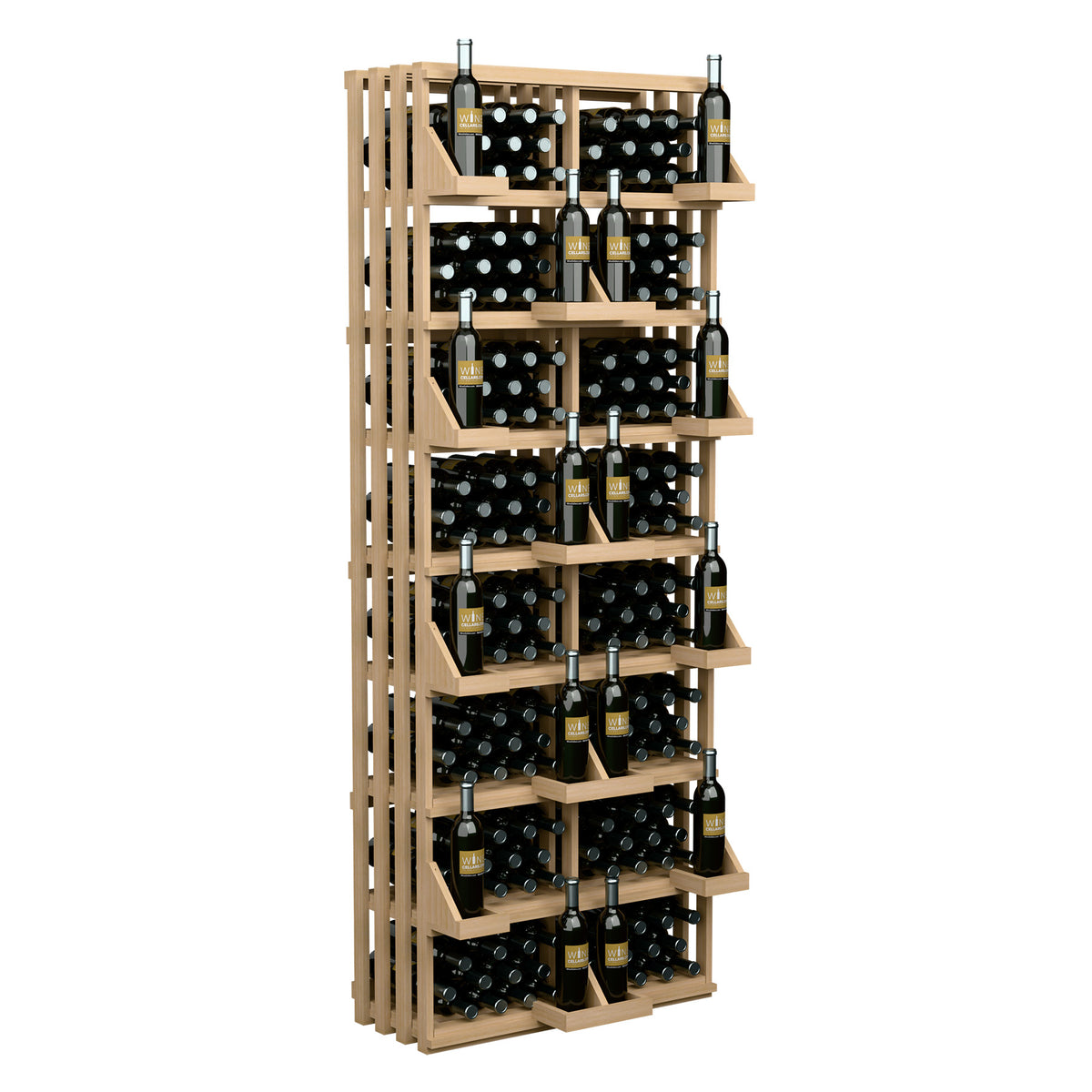Wood wall bottle display with open bulk bins and black bottle holders, front view