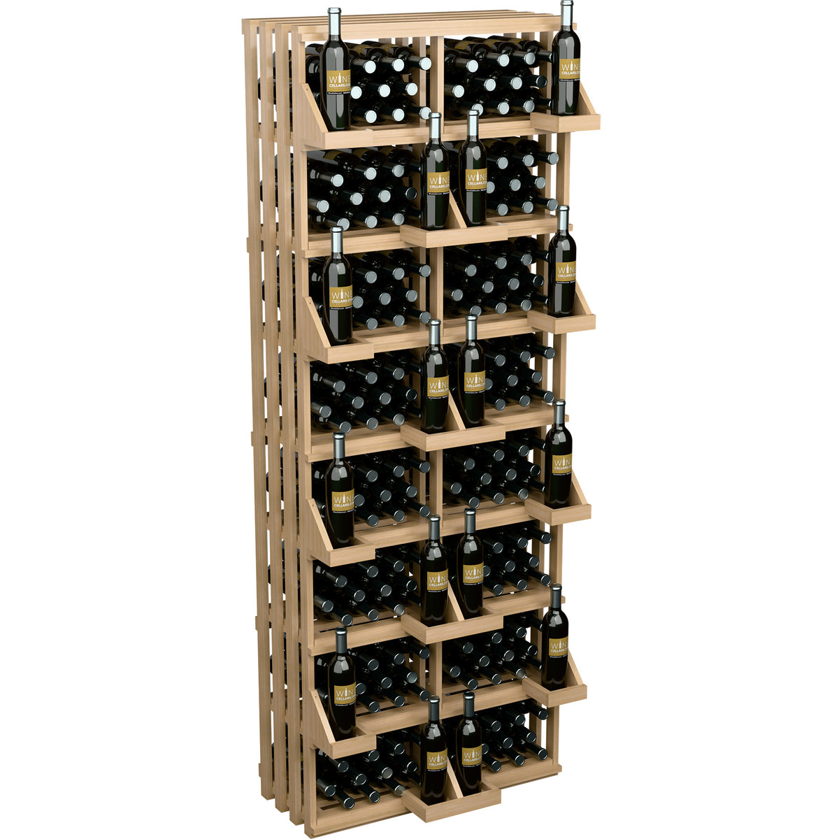 Light wooden wine bottle wall display with open cubby shelves and bottle compartments