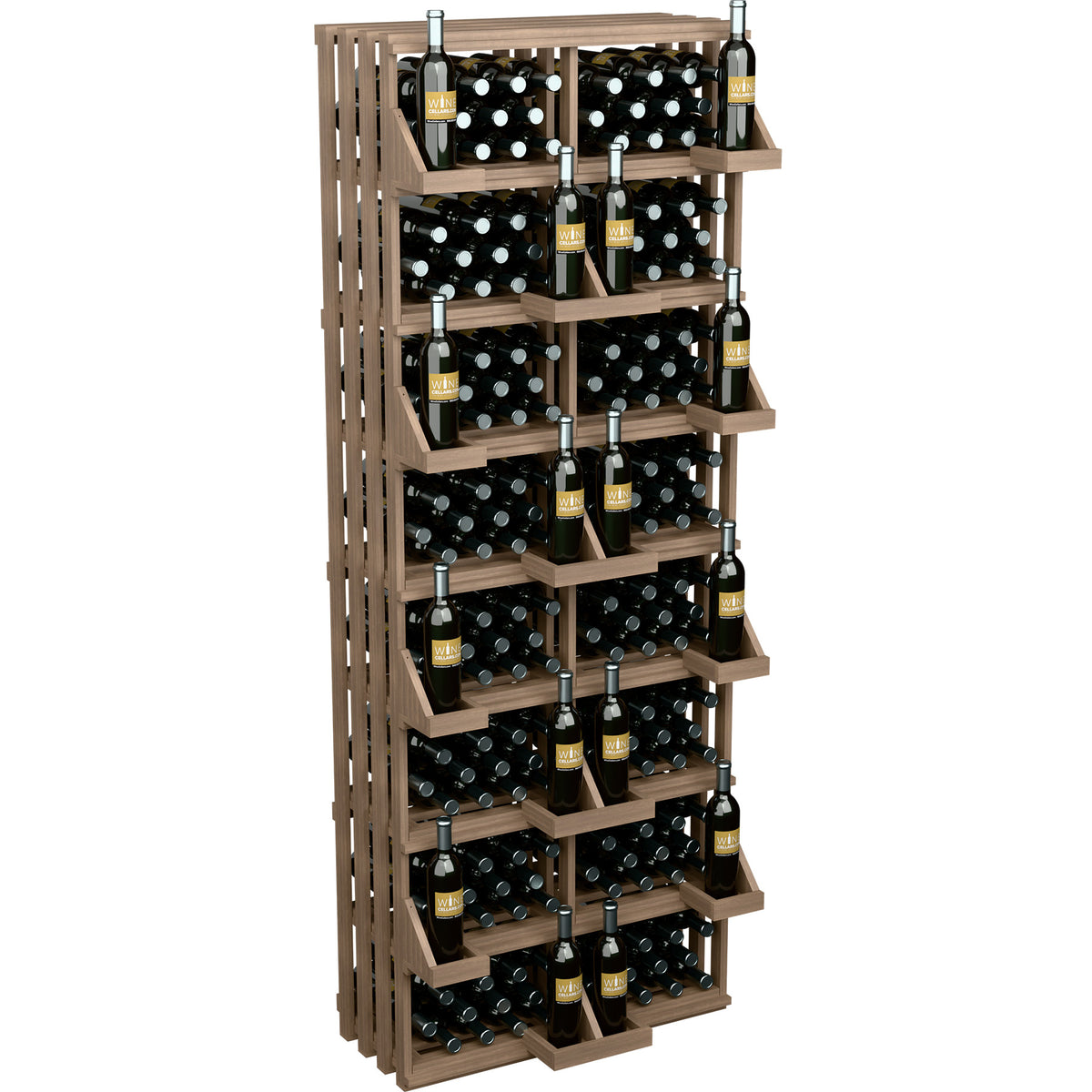 Light wood wine bottle wall display with open slat frame and stacked bottle compartments