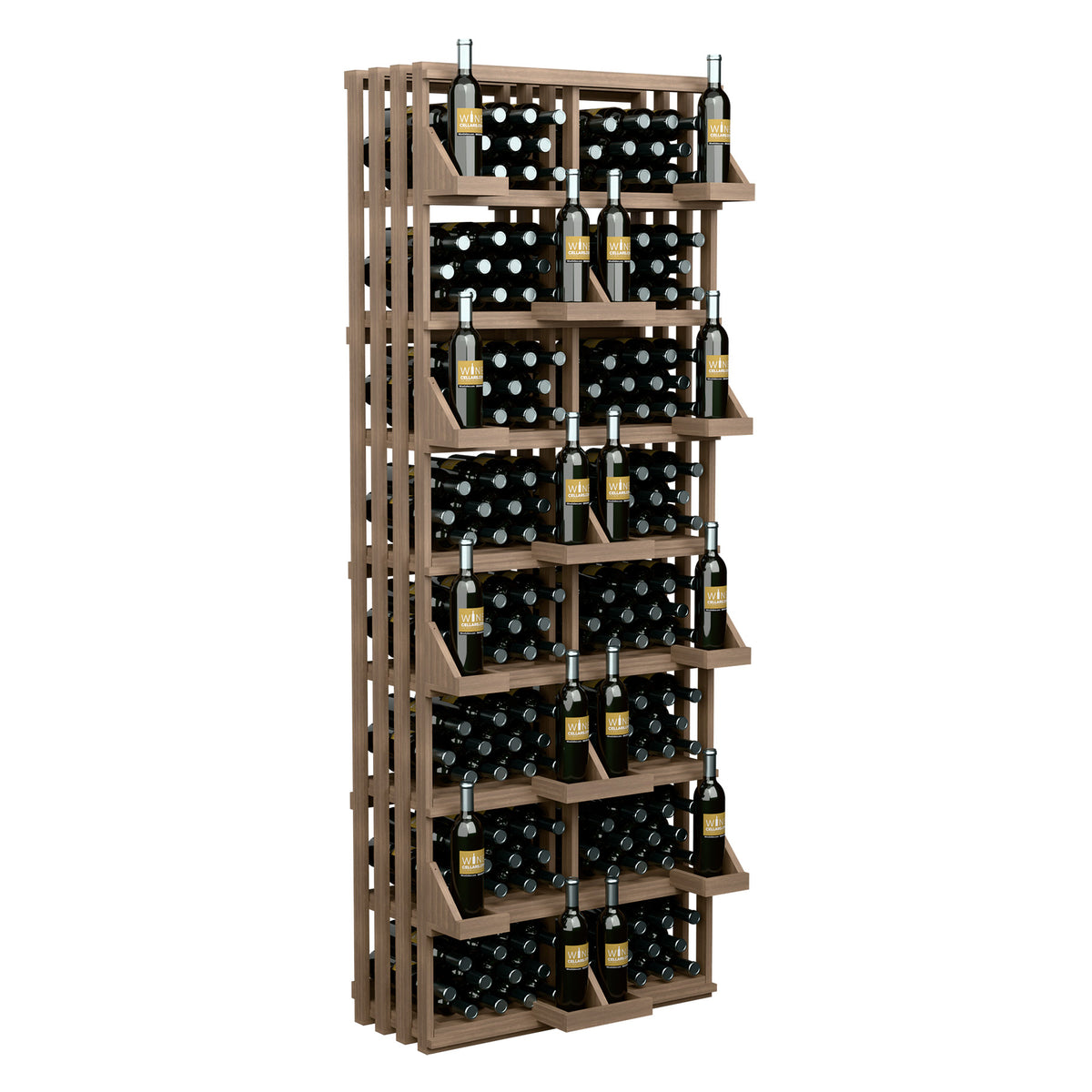 Tall wood wine bottle wall display rack with stacked shelves and open bulk storage bins