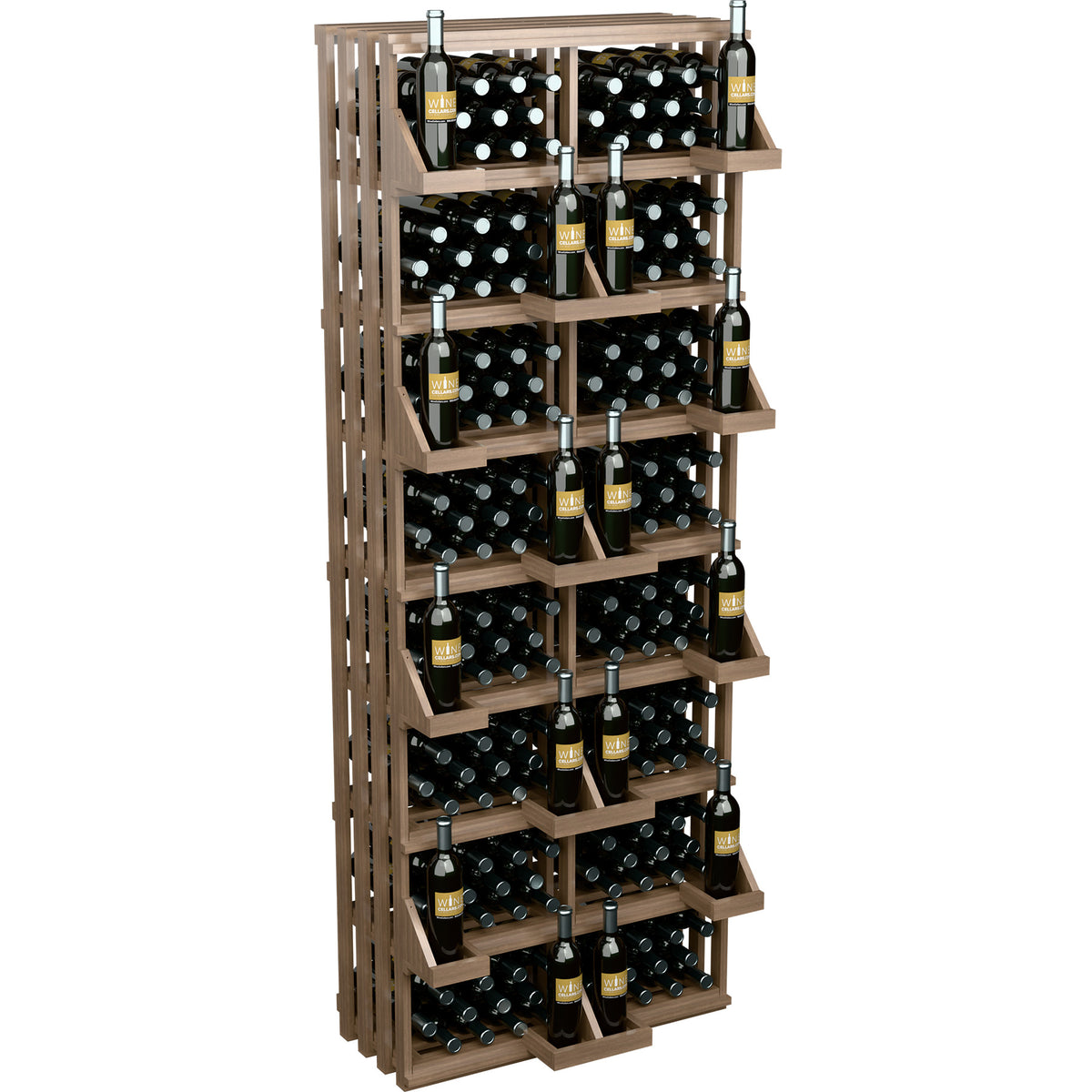 Tall wooden wine bottle wall rack with multiple rows of open shelves for bottles