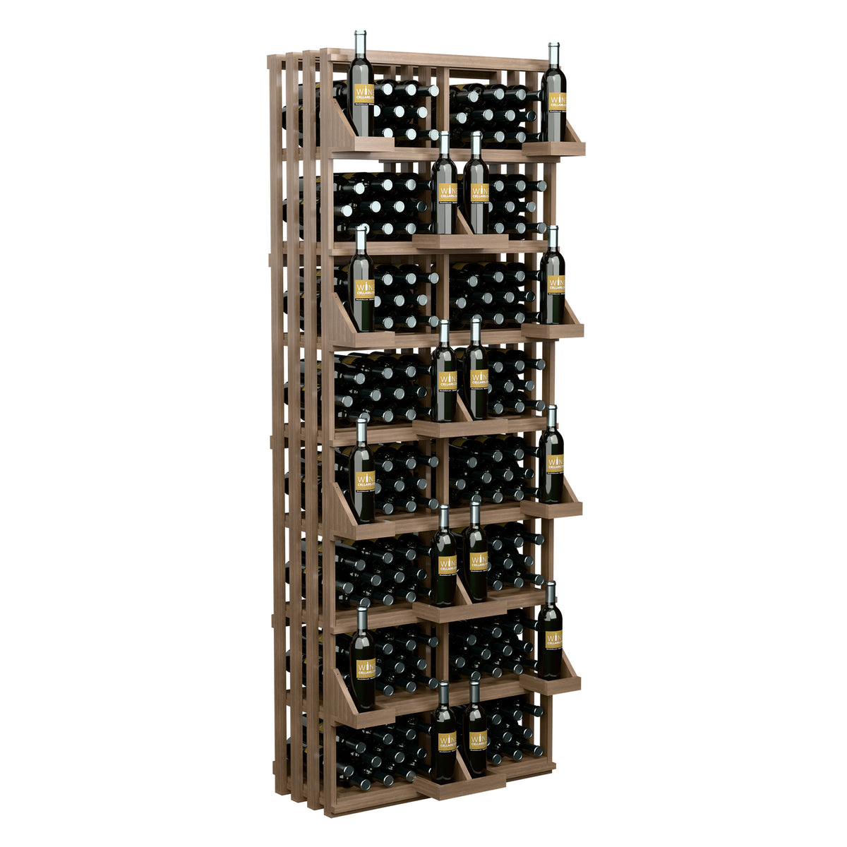 Wooden wine bottle wall display with vertical slats and stacked cubby shelf openings