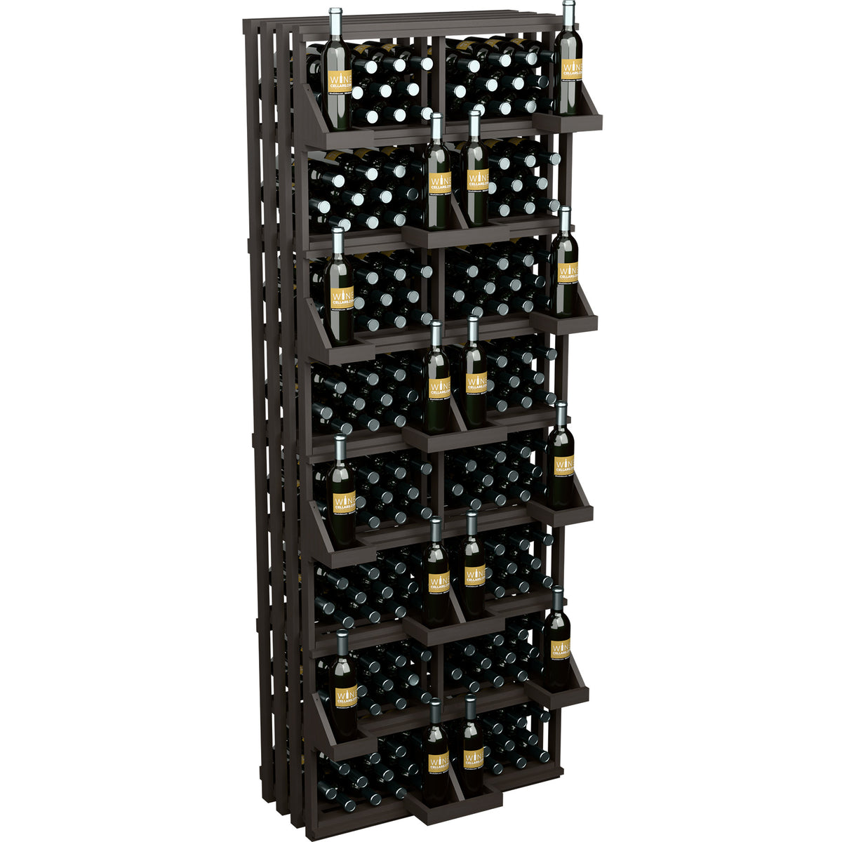 Black wood 208-bottle wall display with tiered wine bottle cradles and bulk bins