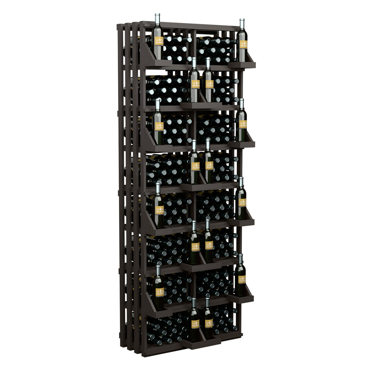 Commercial wall bottle display rack with black grid bins and wine bottles, gray wood frame