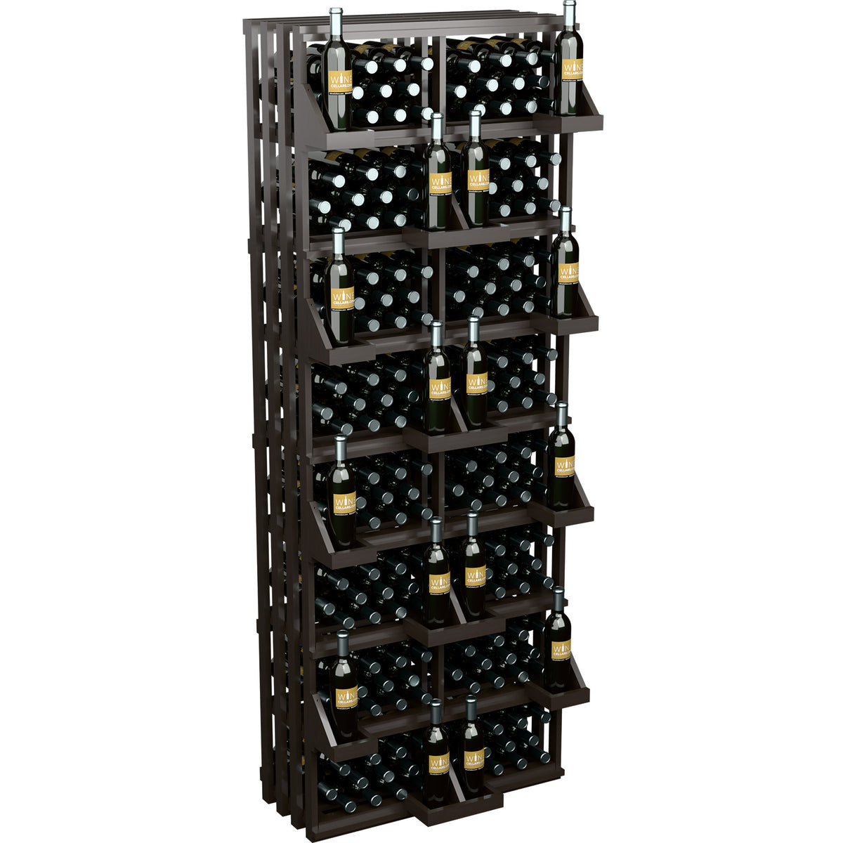Dark wooden wine bottle wall display with stacked cubby shelves and bottle compartments