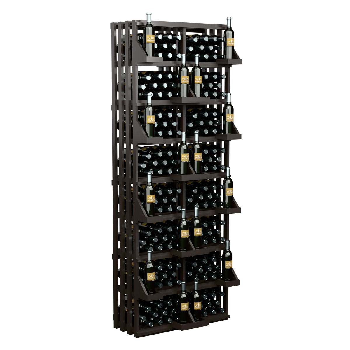 Dark wood wine bottle wall display rack with stacked bottle cubbies and open bins