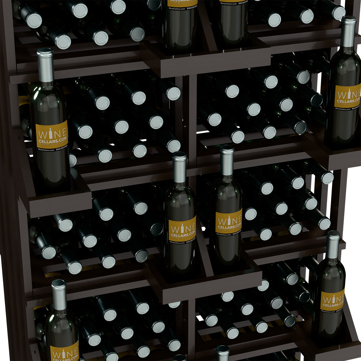 Wood wine bottle wall display with multi-tier bins and rows of bottles, dark finish
