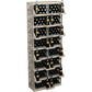 Natural wood wall wine bottle display with tiered shelving and bottle storage openings