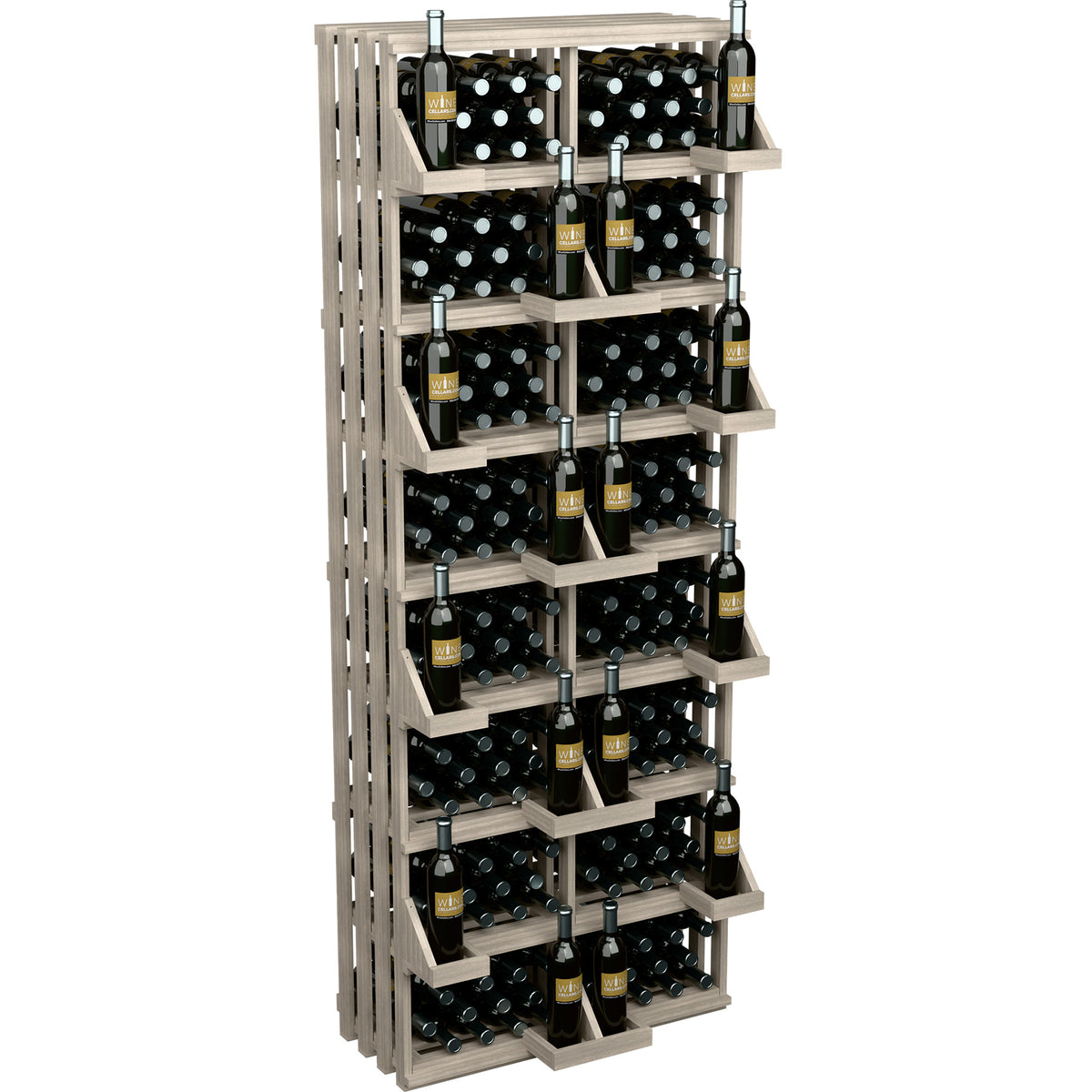 Natural wood wall wine bottle display with tiered shelving and bottle storage openings