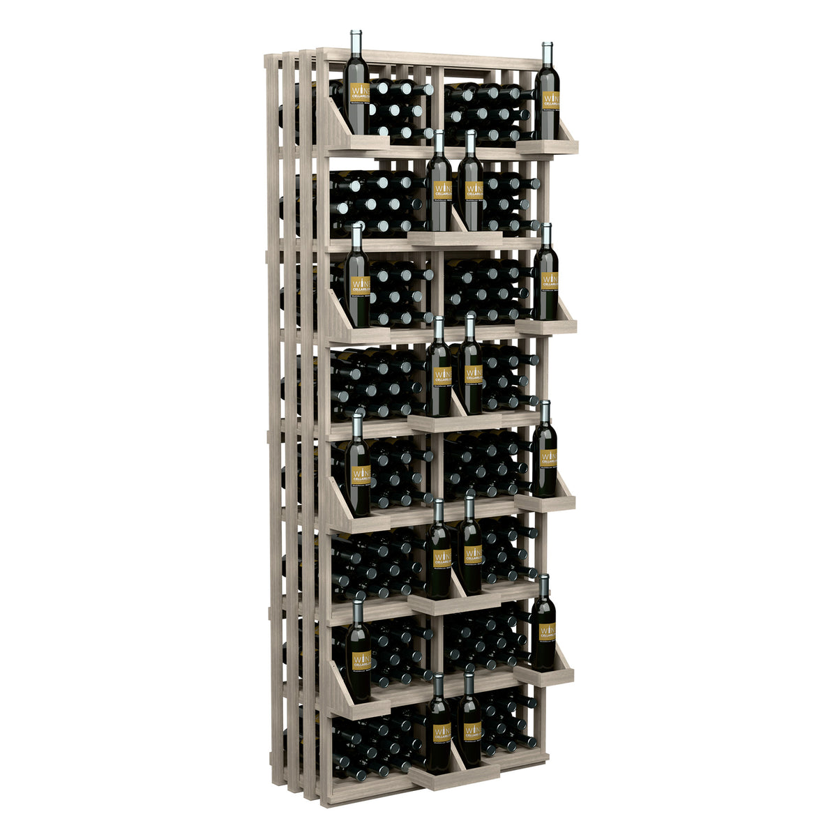 208-bottle commercial wall display with light wood bulk bins and 10-row bottle holders