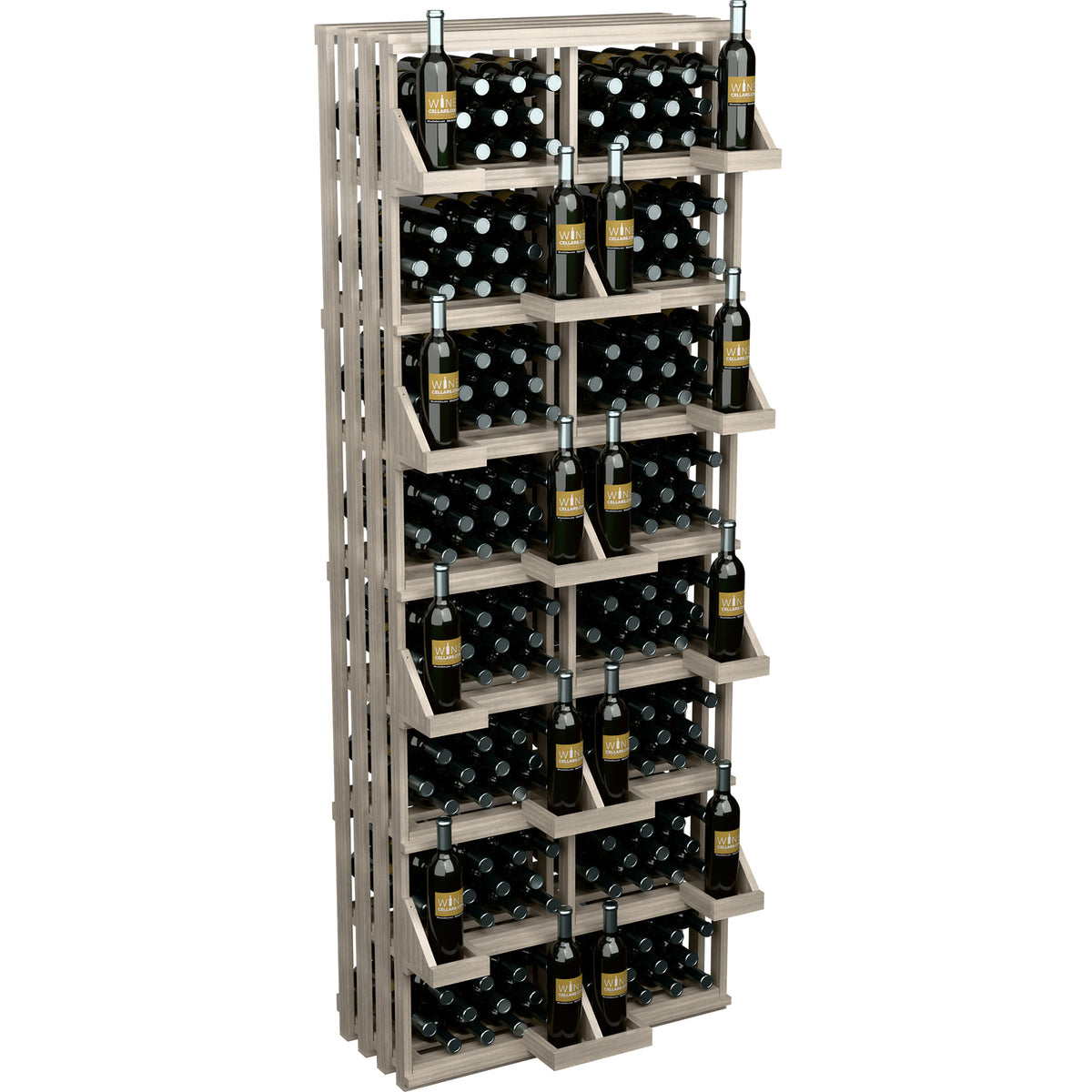 208-bottle wine wall display with bulk bins, light wood rack holding bottles
