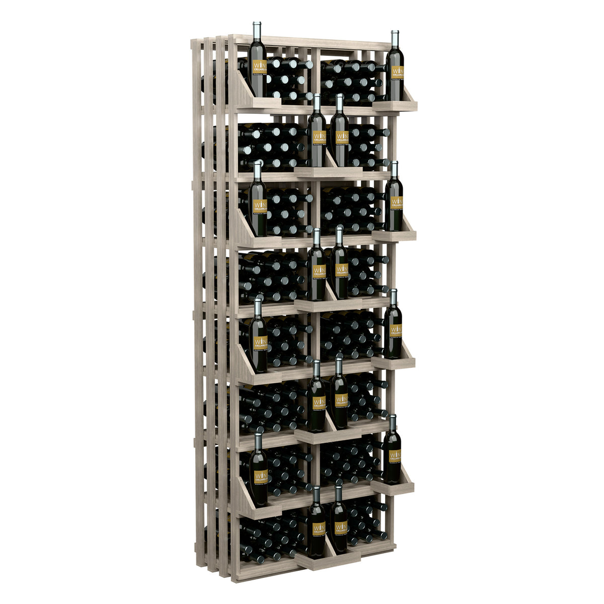 Tall wine bottle wall display with multi-shelf bulk bins in light wood