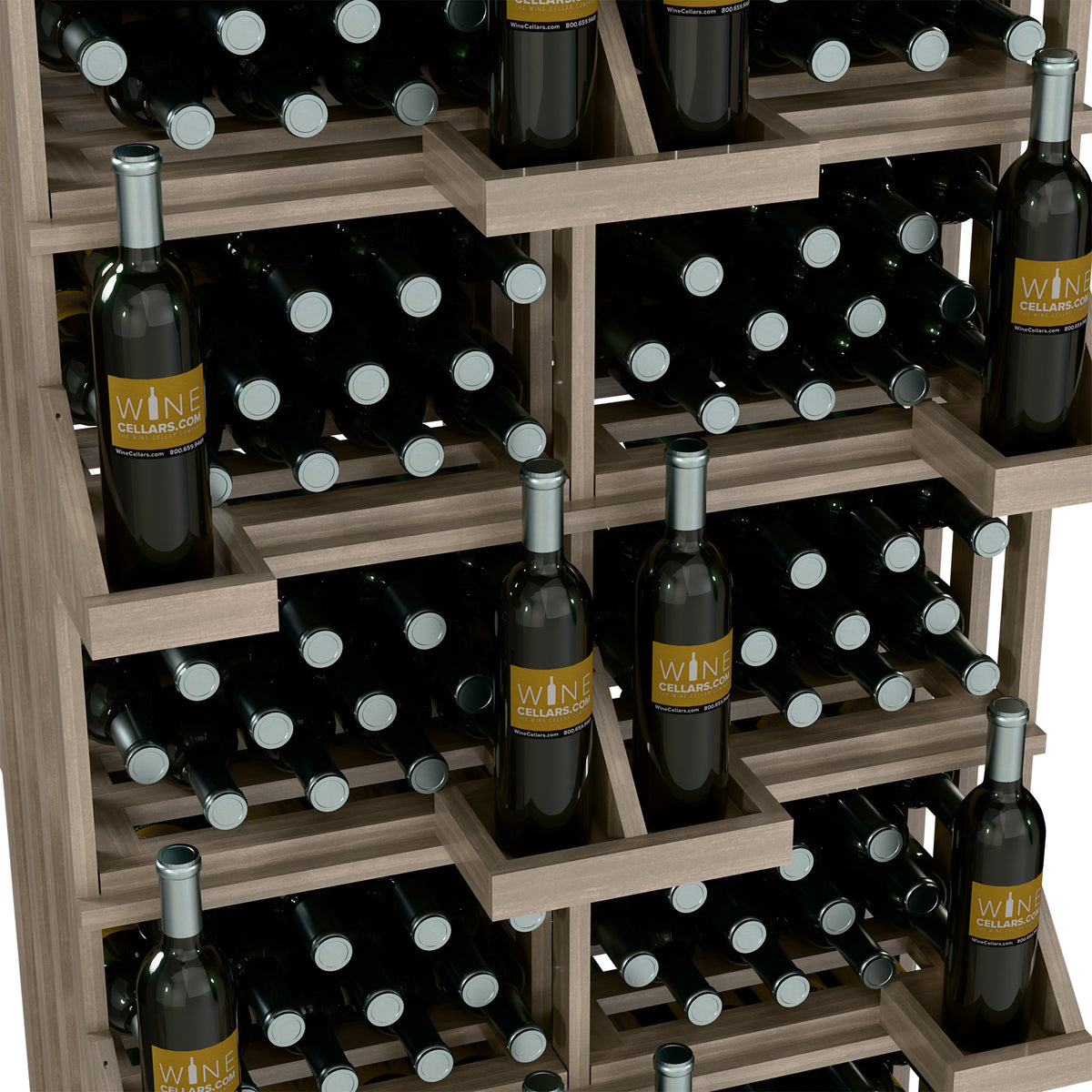 Wood wine bottle wall display with multiple compartments and rows of bottles, light finish