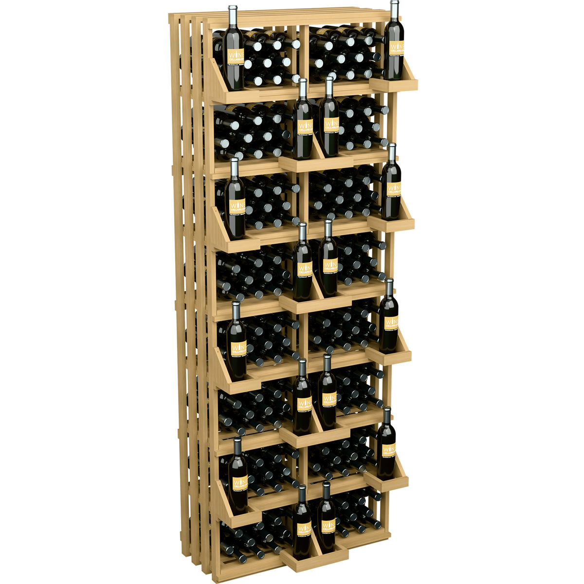 Light wood wine bottle wall display with stacked bottle shelves and slots