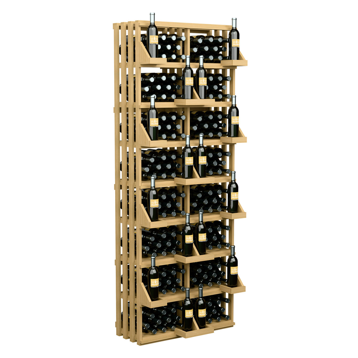Pale wood wine bottle wall display with vertical slats and stacked bottle shelves