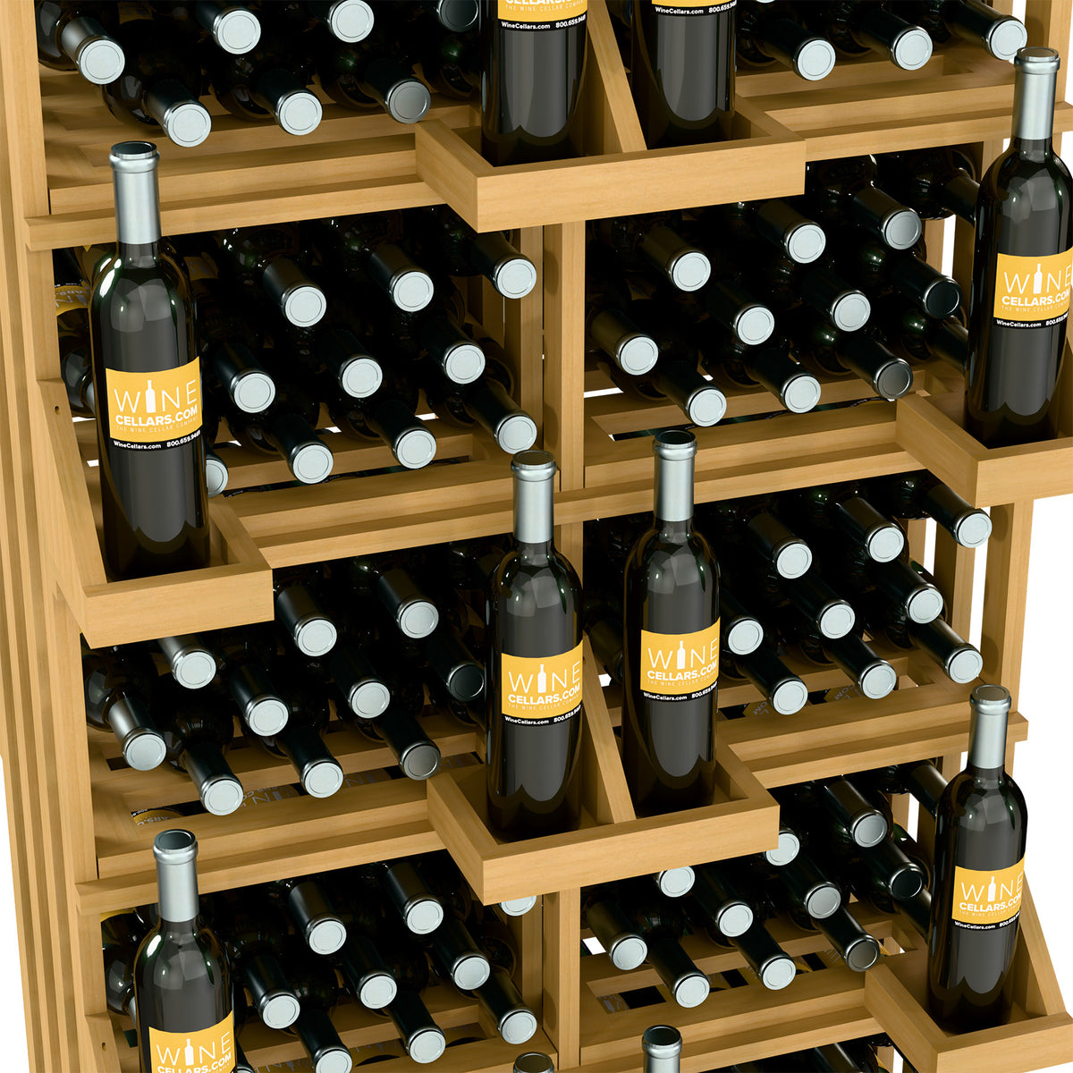 Wine bottle display rack in pale natural wood with bottles in front bulk bin and slots