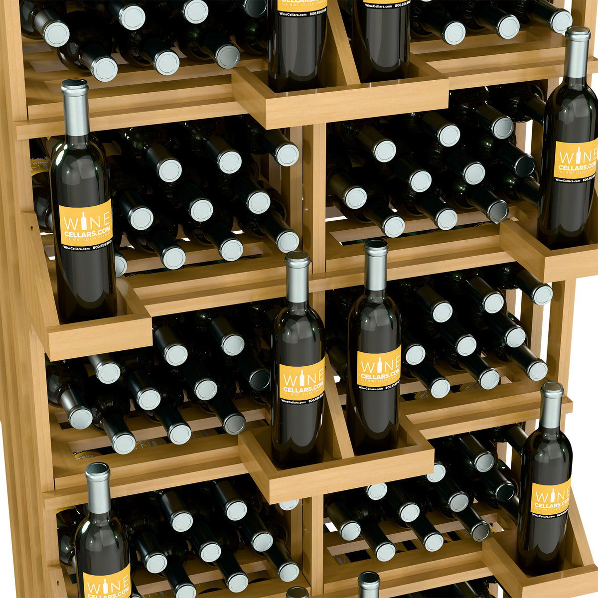Wood wine bottle wall display with bulk bins and several rows of bottles, light finish
