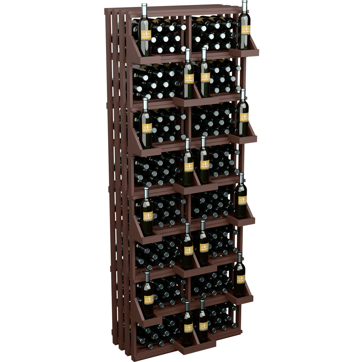208-bottle commercial wall display with dark brown wood bulk bins and 10-row bottle holders