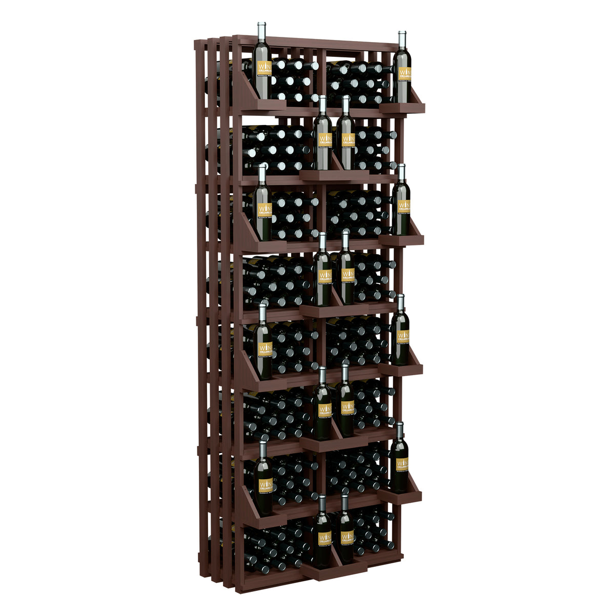 Commercial wall bottle display rack with black grid bins and wine bottles, brown wood frame