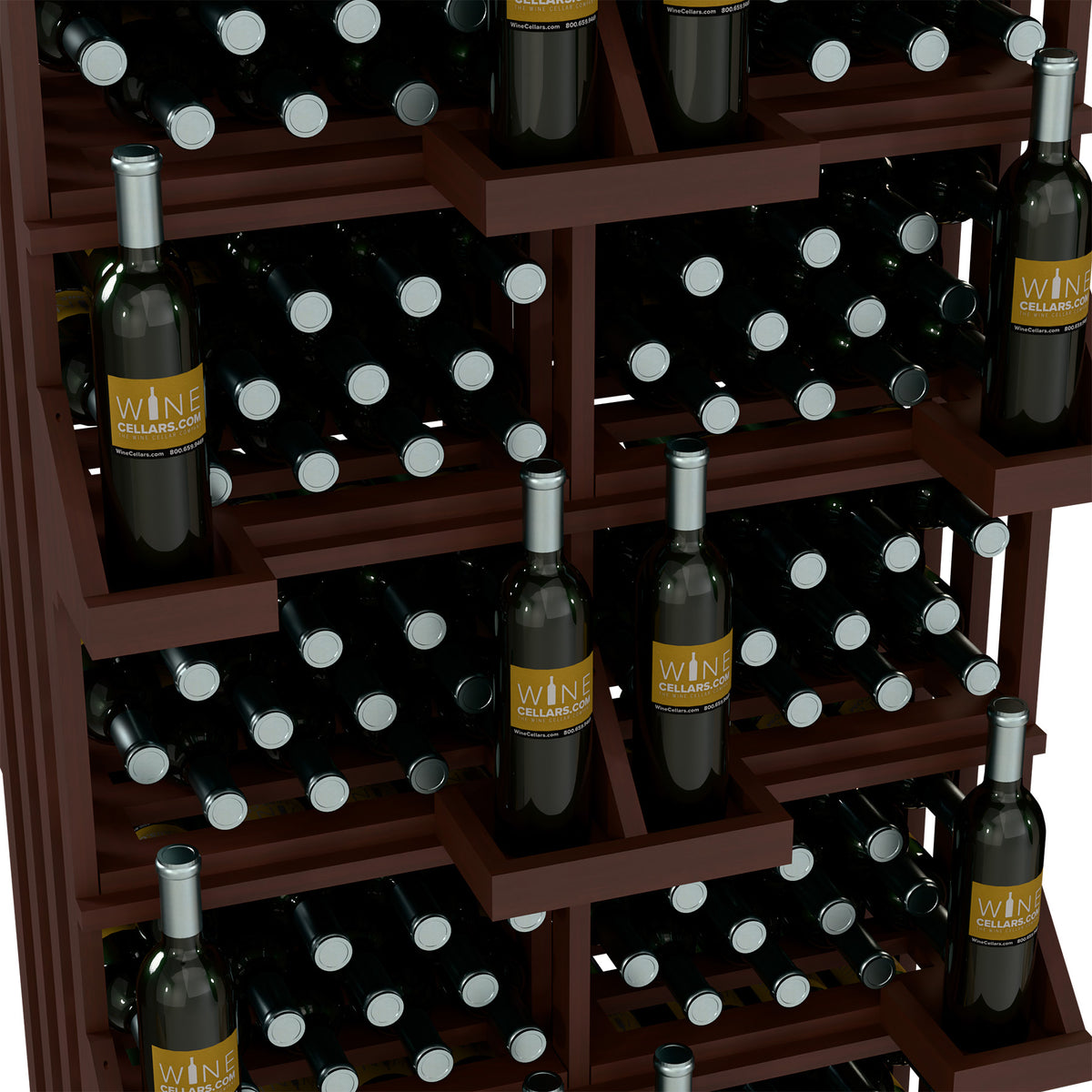 Close-up of wine bottle wall display shelves with black bottle slots and dividers