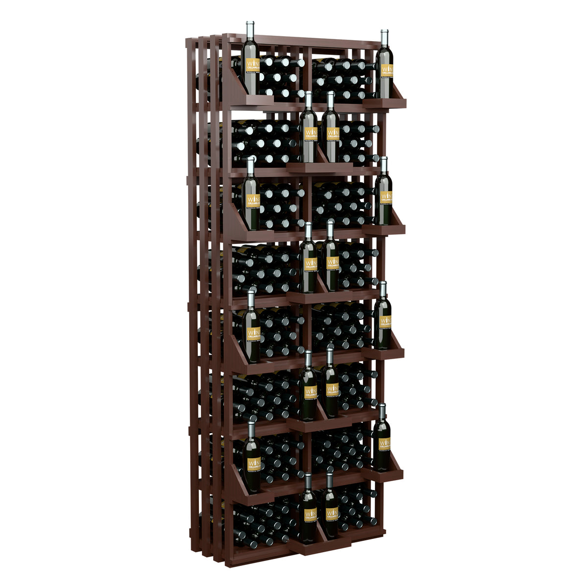 Wine bottle wall display with bulk bins, multi-tier shelves in deep dark wood