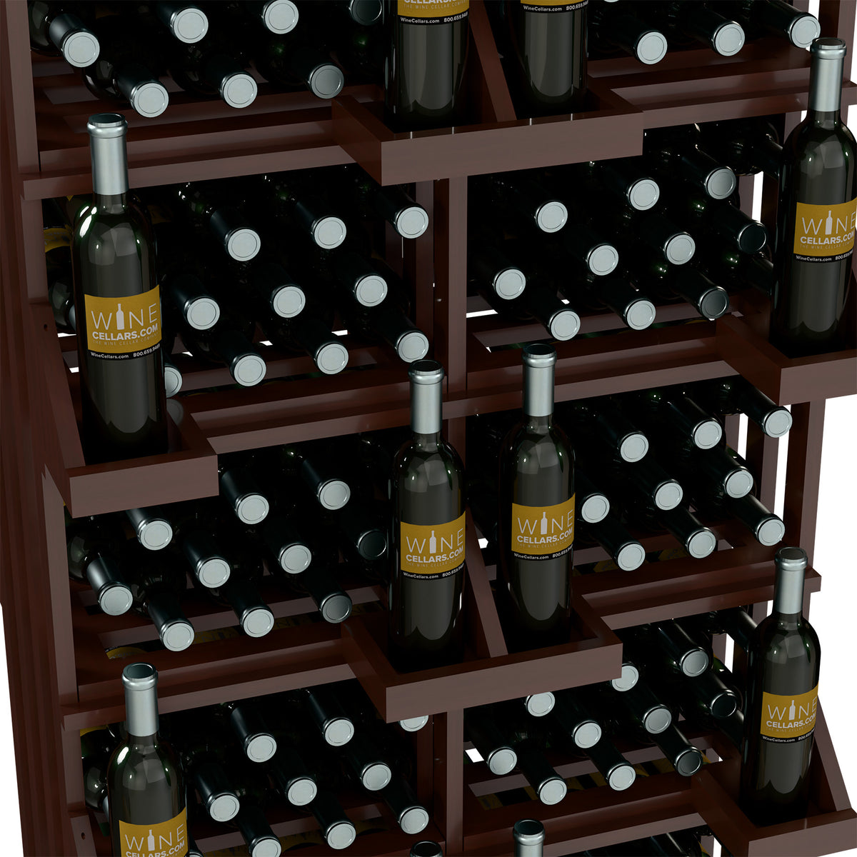 Wood wine bottle wall display with multi-tier compartments and rows of bottles, dark finish