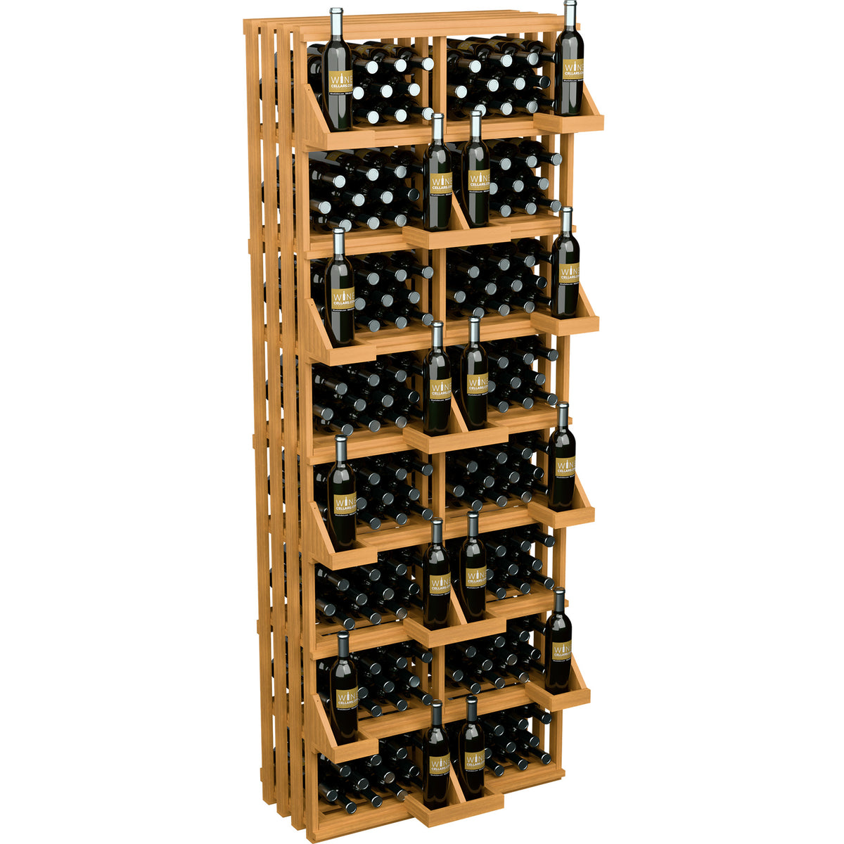 Natural wood wine bottle rack display with front bottle rows and open shelf compartments