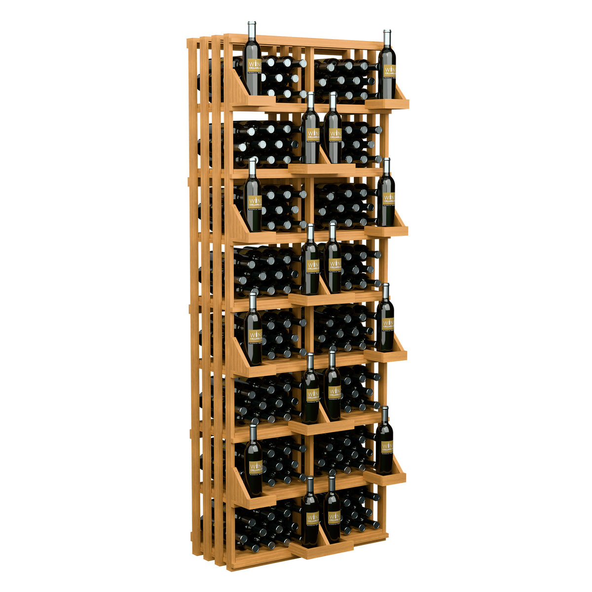 Light honey wood wine bottle wall display with tiered shelves and bulk bin openings