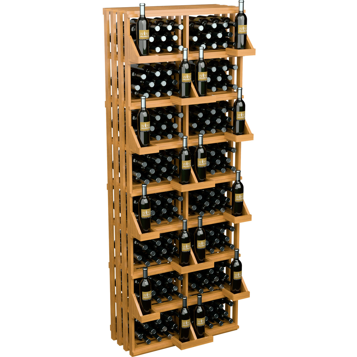 Natural wood 208-bottle wall display rack with built-in bulk storage bins
